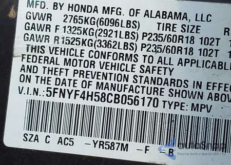 2012 Honda Pilot Ex-L from USA, damaged, VIN 5FNYF4H58CB056170